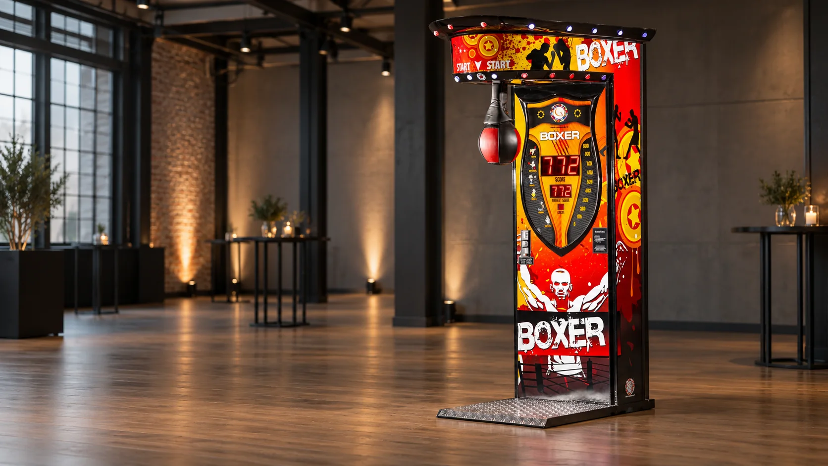 Sfeerimpressie van een boksbalmachine in een eventruimte